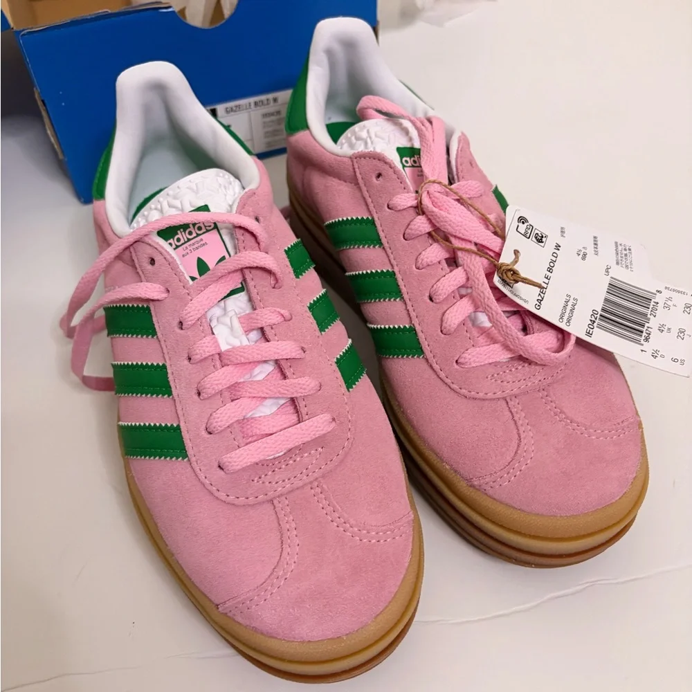 adidas Gazelle Bold Sneakers in Pink Suede with Green Stripes - Size 6 - Picture 7 of 15